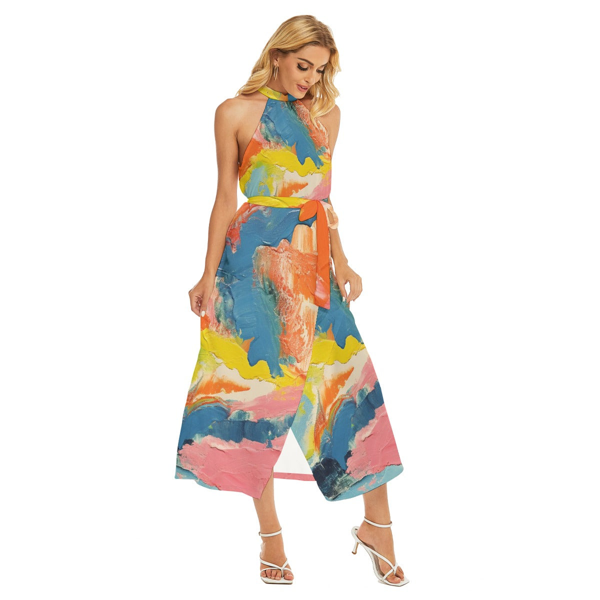 All-Over Print Women's Wrap Hem Belted Halter Dress