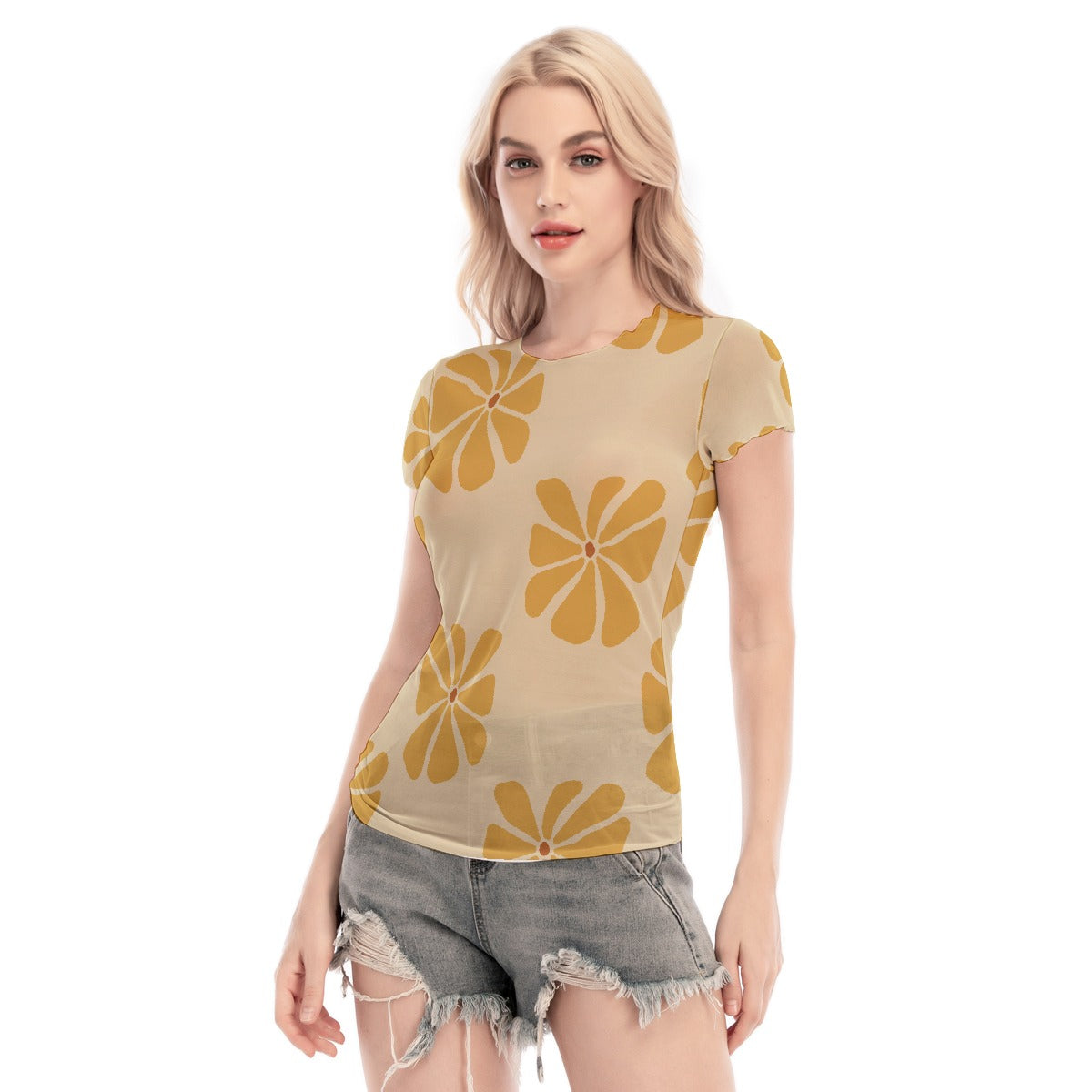 All-Over Print Women's Short Sleeve Mesh Blouse