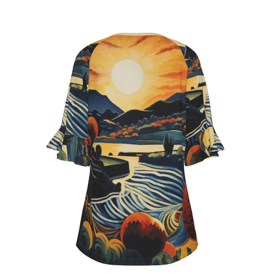 All-Over Print V-neck Women's T-shirt With Bell Sleeve