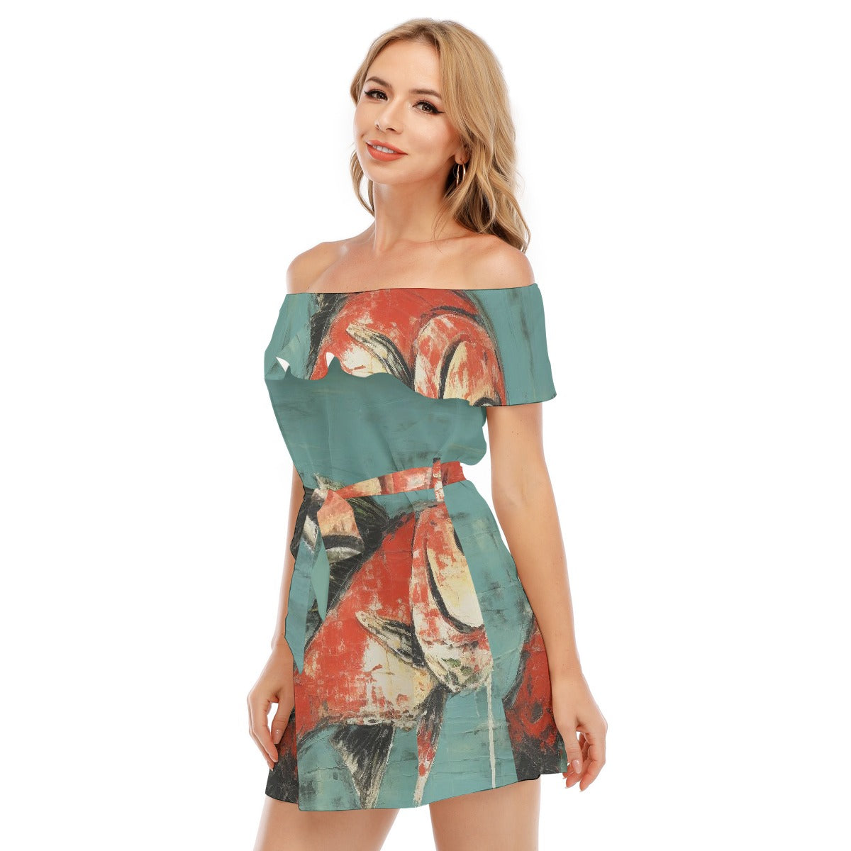 All-Over Print Women's Off-shoulder Dress With Ruffle