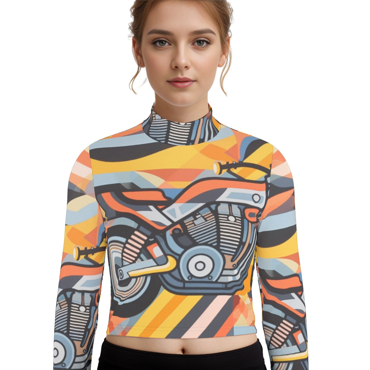 Eco-Friendly All-Over Print Women's Turtleneck T-shirt With Long Sleeve