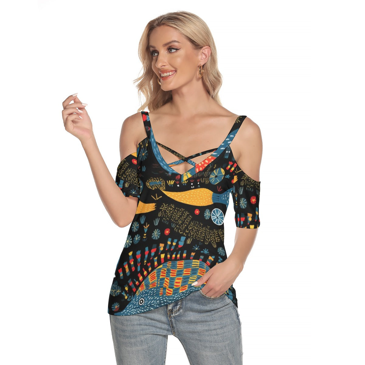 All-Over Print Women's Cold Shoulder T-shirt With Criss Cross Strips