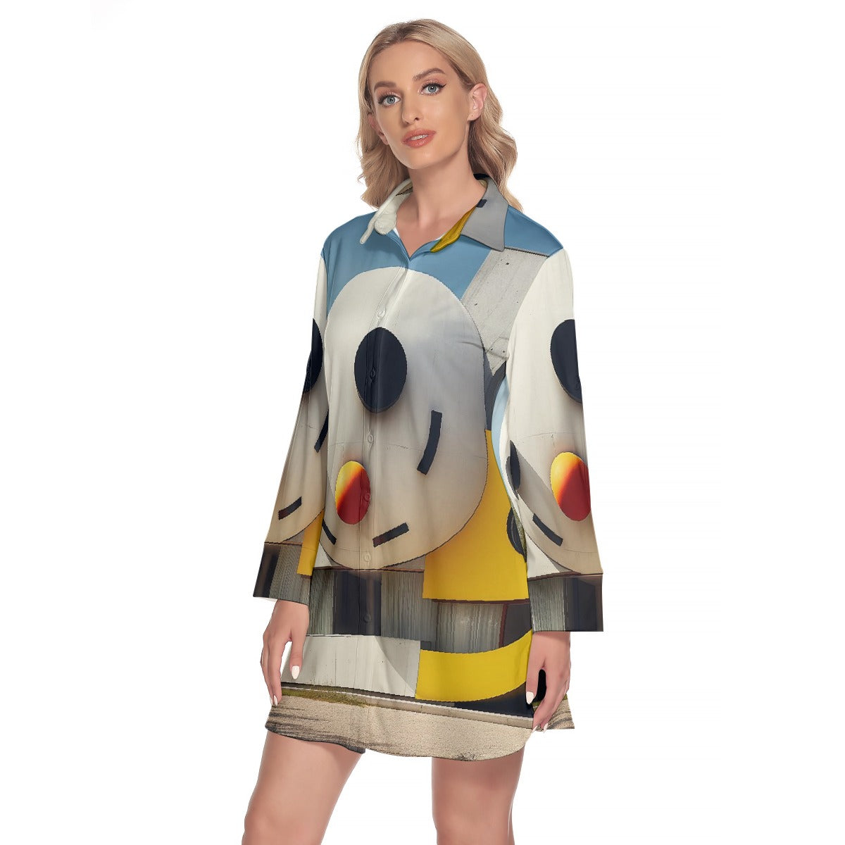 All-Over Print Women's Lapel Shirt Dress With Long Sleeve