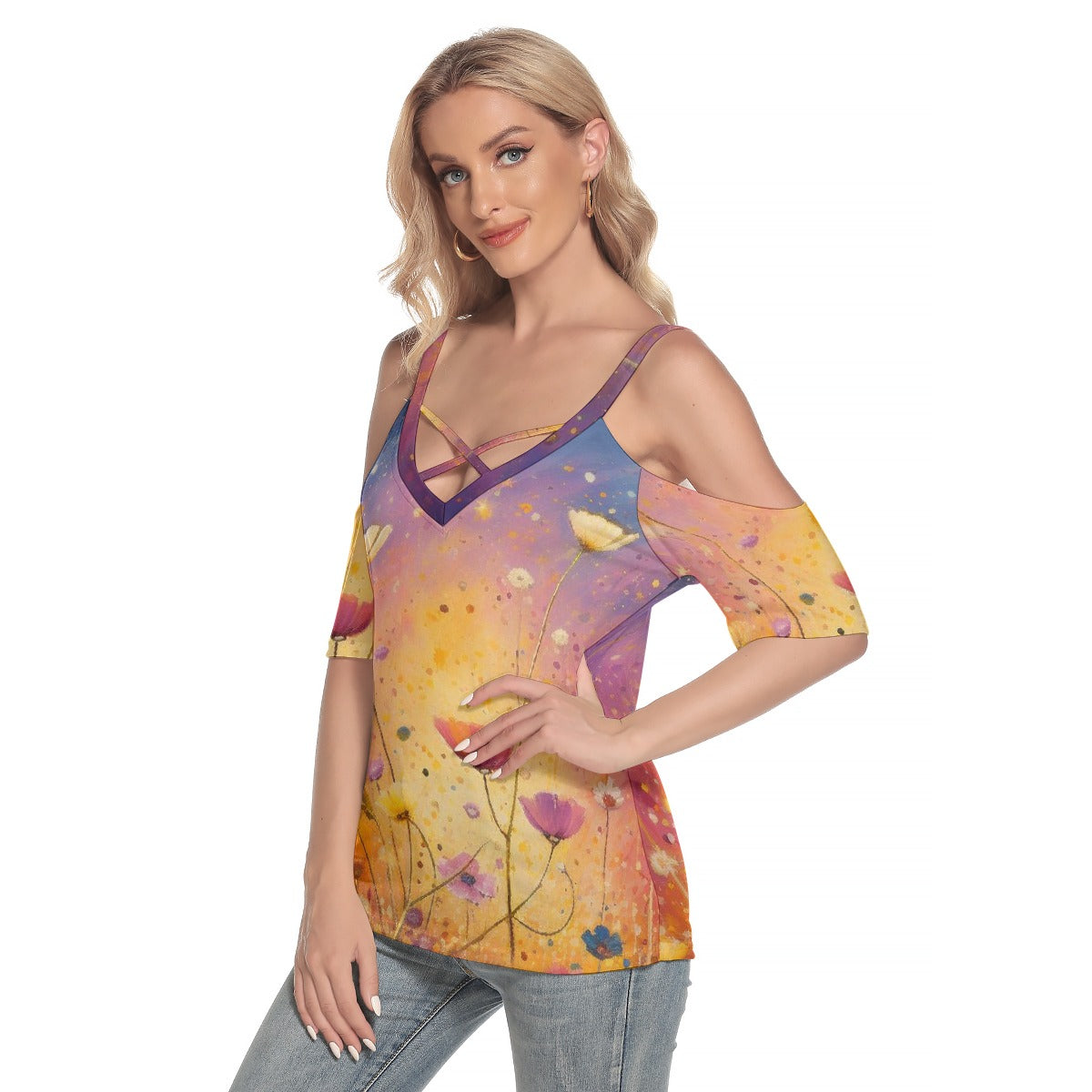 All-Over Print Women's Cold Shoulder T-shirt With Criss Cross Strips