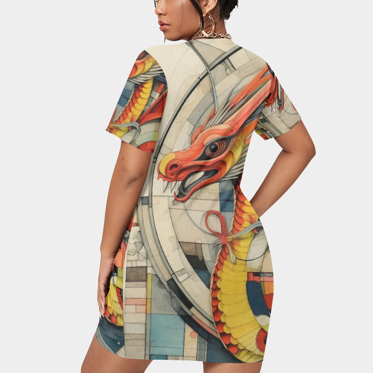 All-Over Print Women’s Stacked Hem Dress With Short Sleeve（Plus Size）