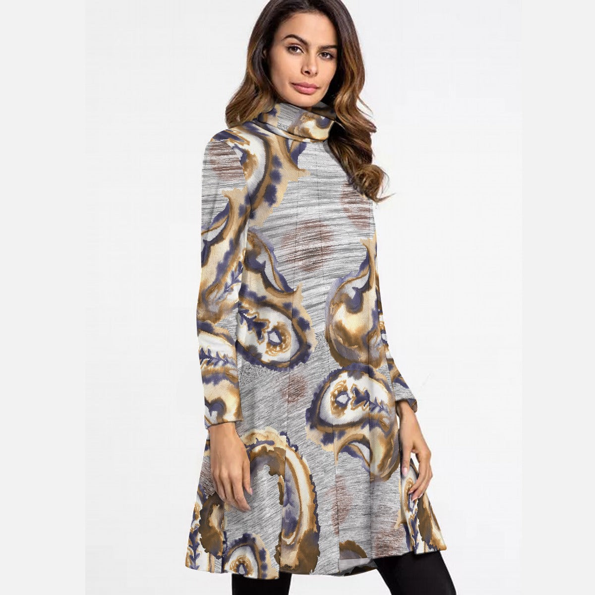 All-Over Print Women's High Neck Dress With Long Sleeve