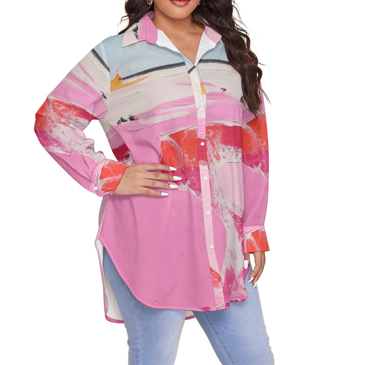 All-Over Print Women's Shirt With Long Sleeve(Plus Size)