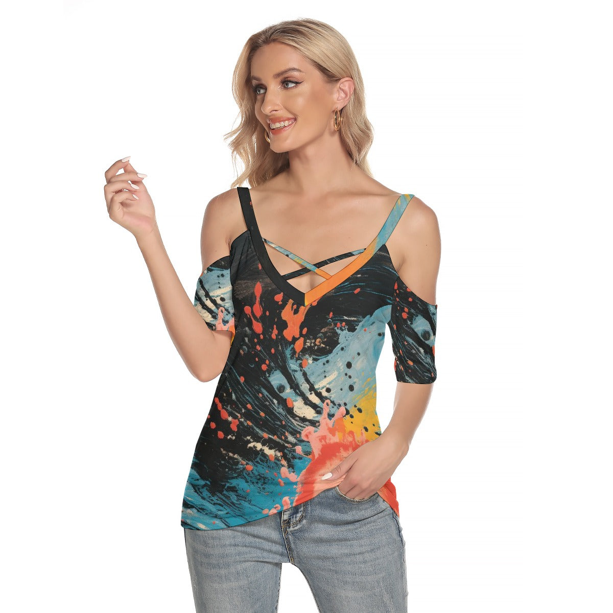 All-Over Print Women's Cold Shoulder T-shirt With Criss Cross Strips