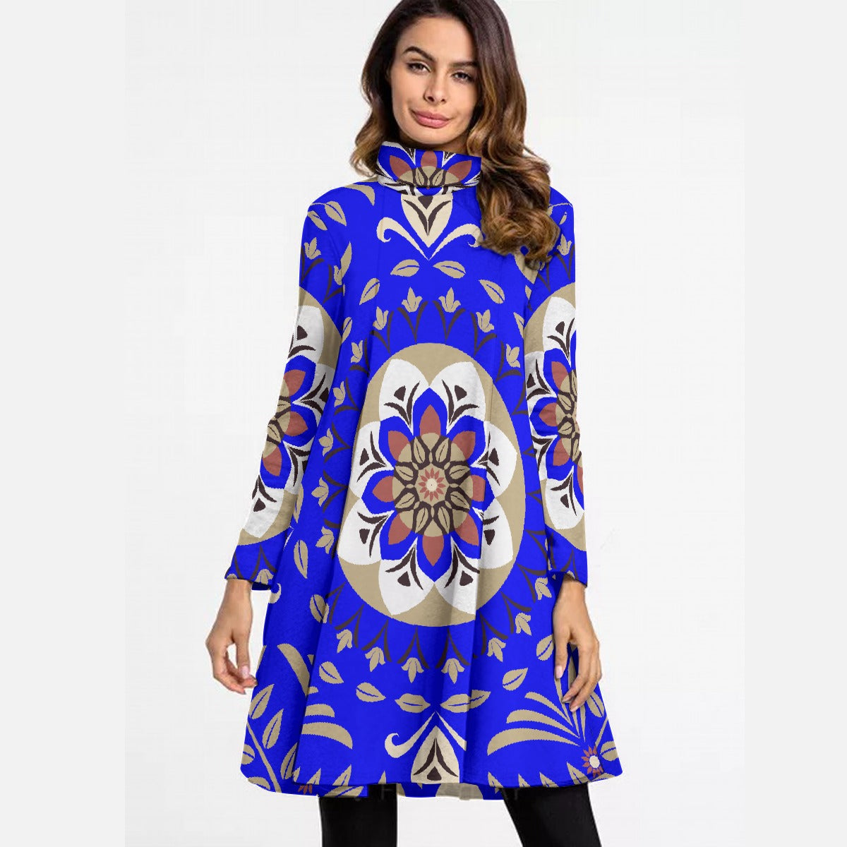 All-Over Print Women's High Neck Dress With Long Sleeve