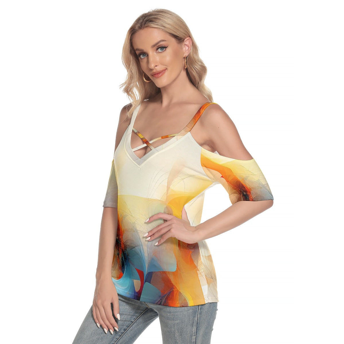 All-Over Print Women's Cold Shoulder T-shirt With Criss Cross Strips