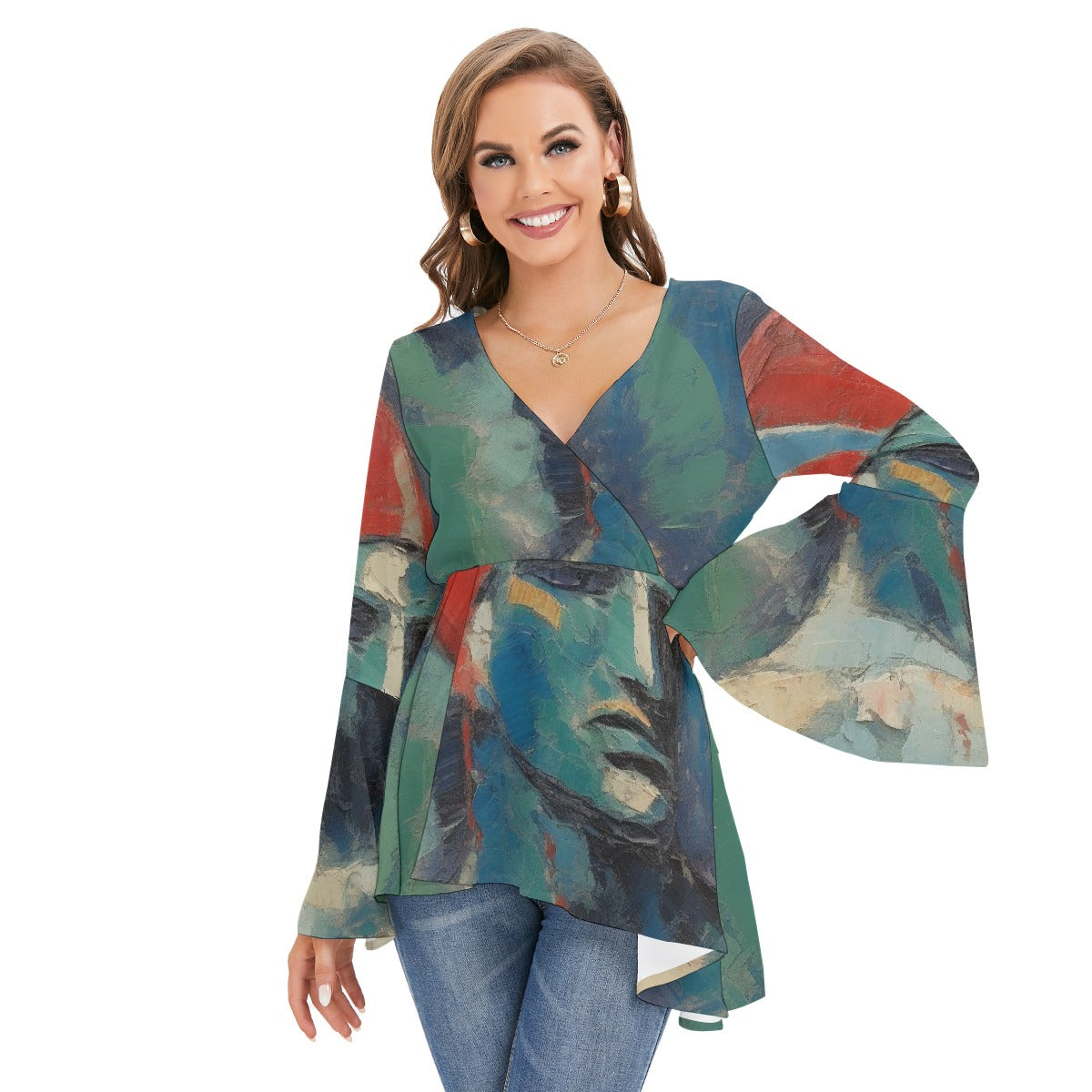 All-Over Print Women's V-neck Blouse With Flared Sleeves