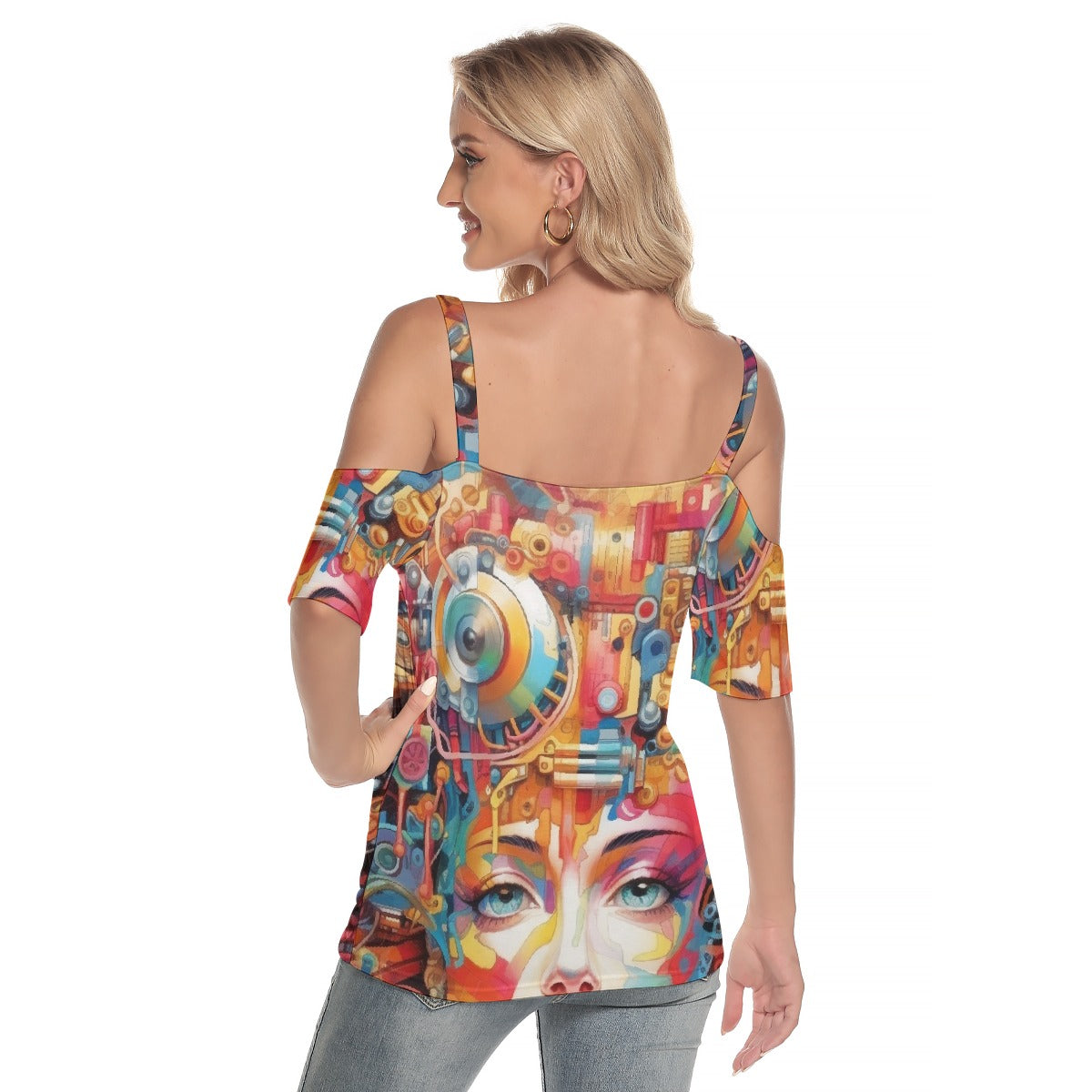 All-Over Print Women's Cold Shoulder T-shirt With Criss Cross Strips