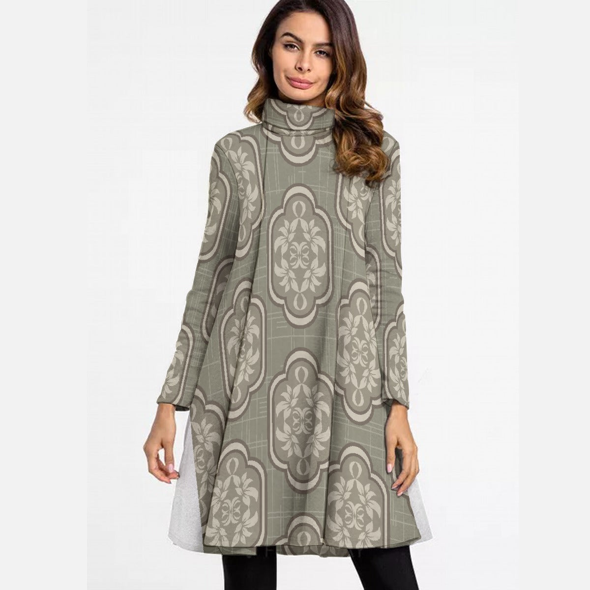 All-Over Print Women's High Neck Dress With Long Sleeve