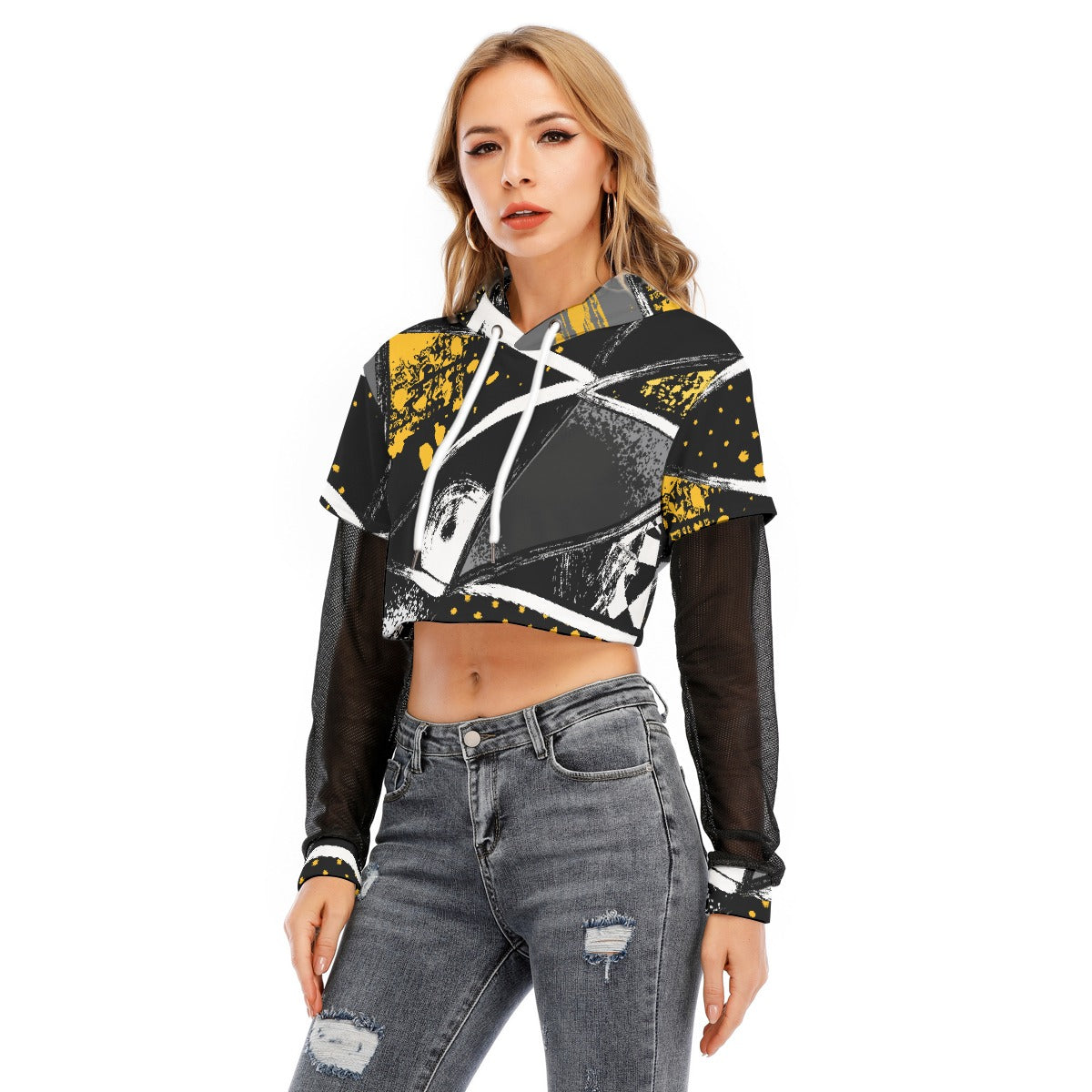 All-Over Print Women's Fake Two-piece Mesh Sleeve Cropped Hoodie