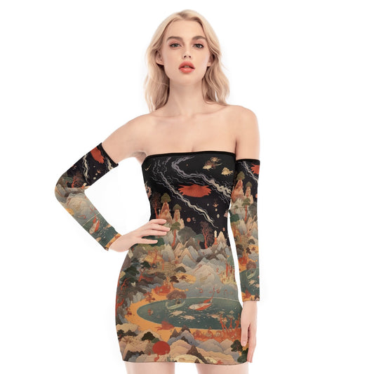 All-Over Print Women's Off-shoulder Back Lace-up Dress