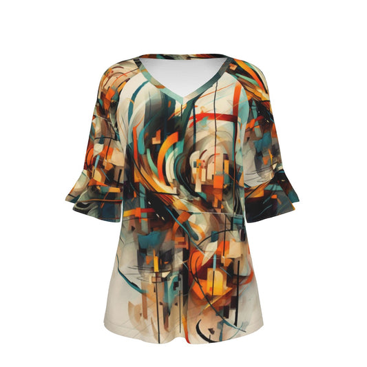 All-Over Print V-neck Women's T-shirt With Bell Sleeve