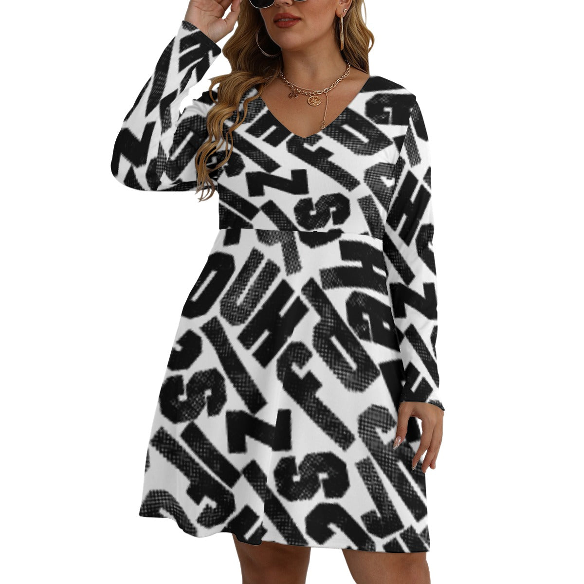 All-Over Print Women's V-neck Long Sleeve Dress(Plus Size)