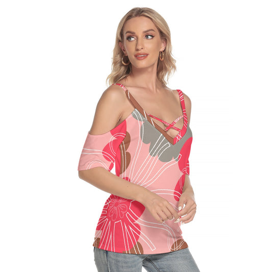 All-Over Print Women's Cold Shoulder T-shirt With Criss Cross Strips