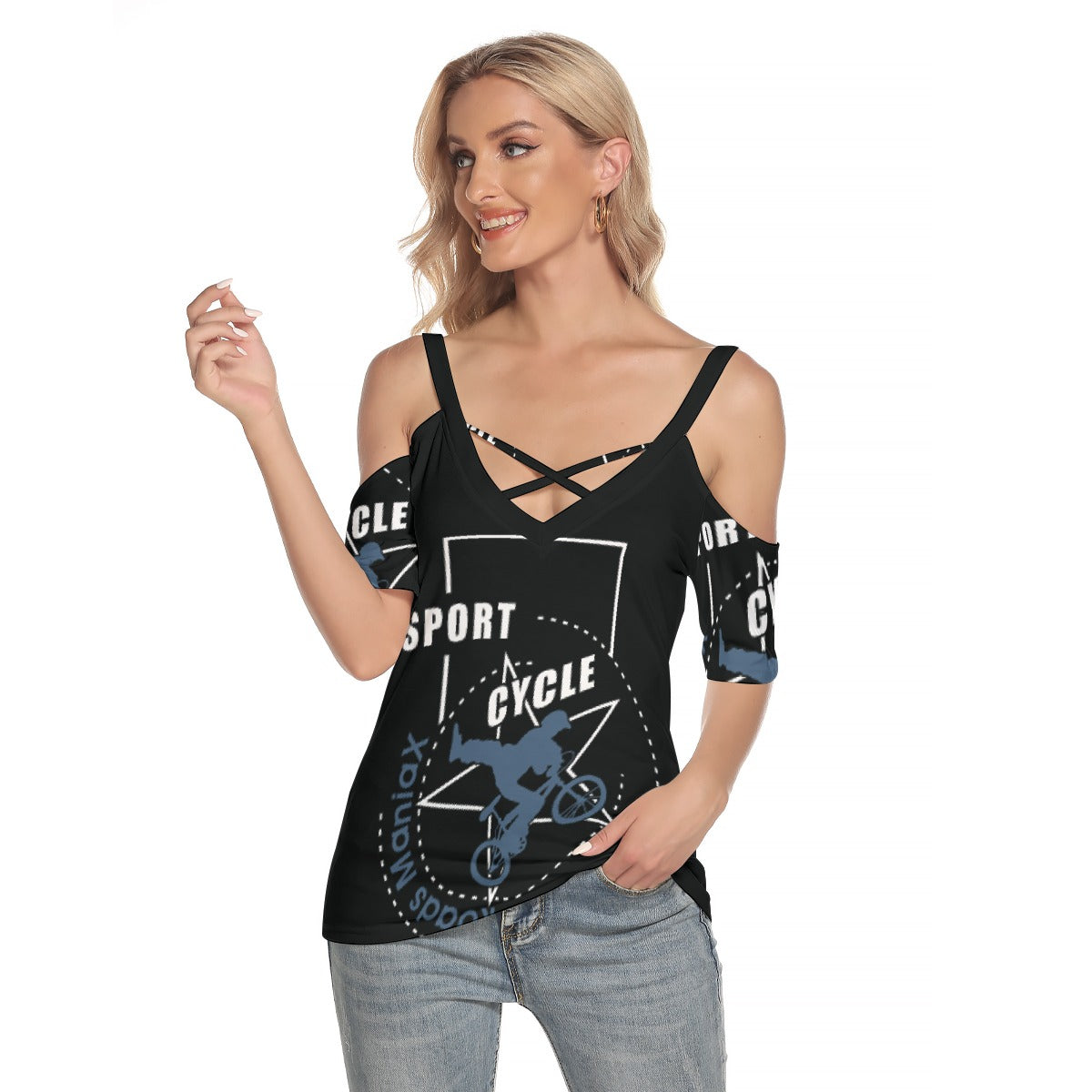 All-Over Print Women's Cold Shoulder T-shirt With Criss Cross Strips