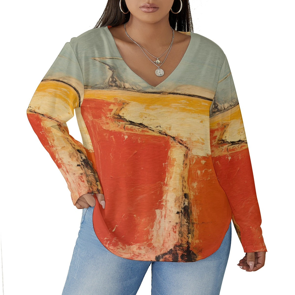 All-Over Print Women's V-neck T-shirt With Curved Hem(Plus Size)