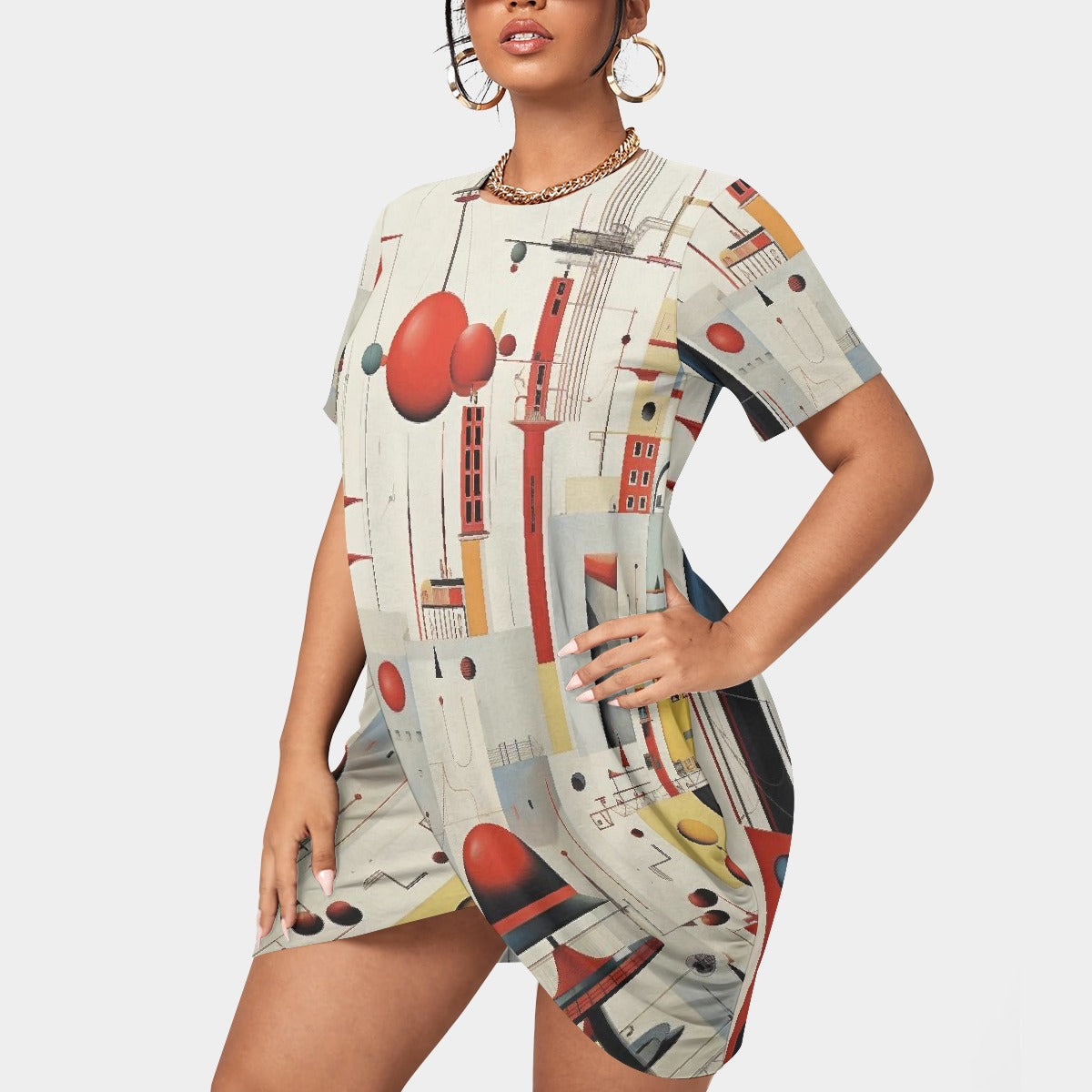 All-Over Print Women’s Stacked Hem Dress With Short Sleeve（Plus Size）