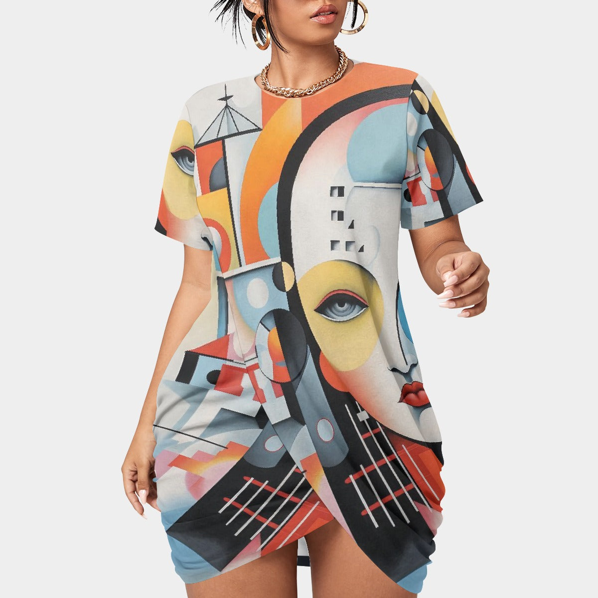 All-Over Print Women’s Stacked Hem Dress With Short Sleeve（Plus Size）