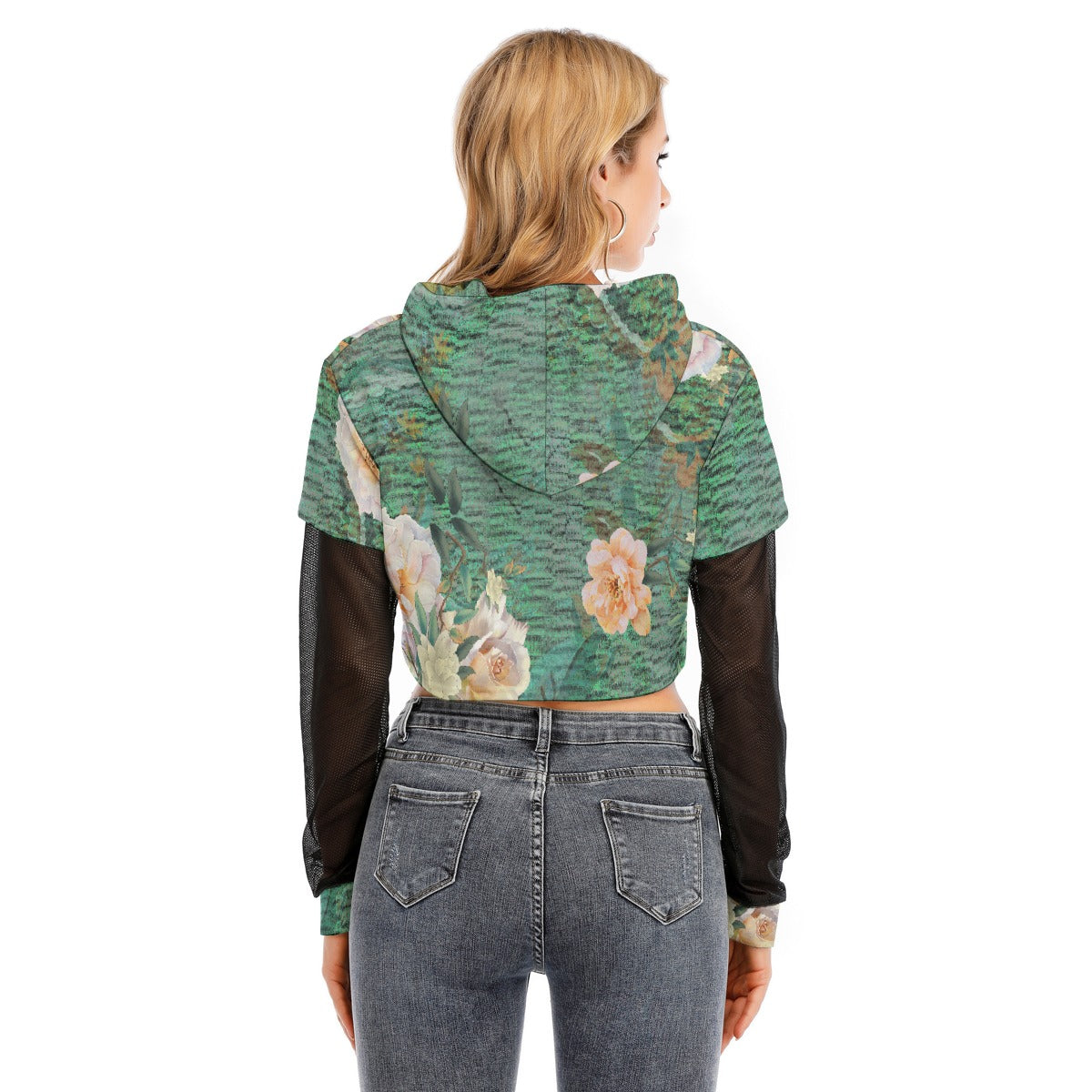 All-Over Print Women's Fake Two-piece Mesh Sleeve Cropped Hoodie