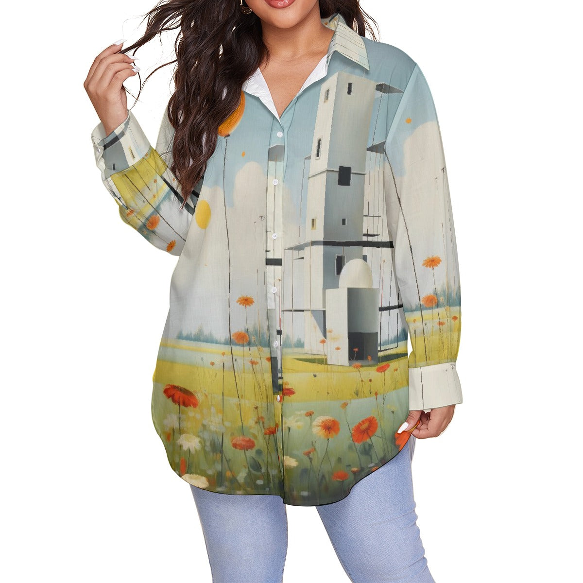 All-Over Print Women's Shirt With Long Sleeve(Plus Size)