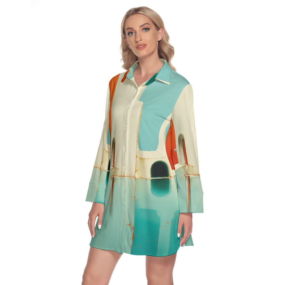 All-Over Print Women's Lapel Shirt Dress With Long Sleeve