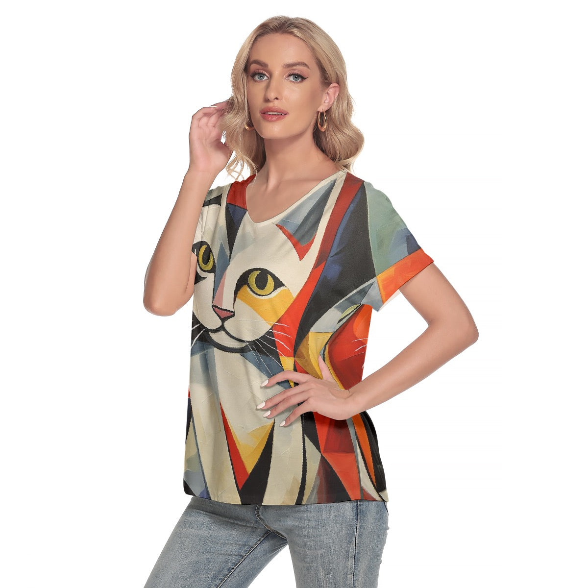 All-Over Print Women's Loose V-neck Short Sleeve T-shirt