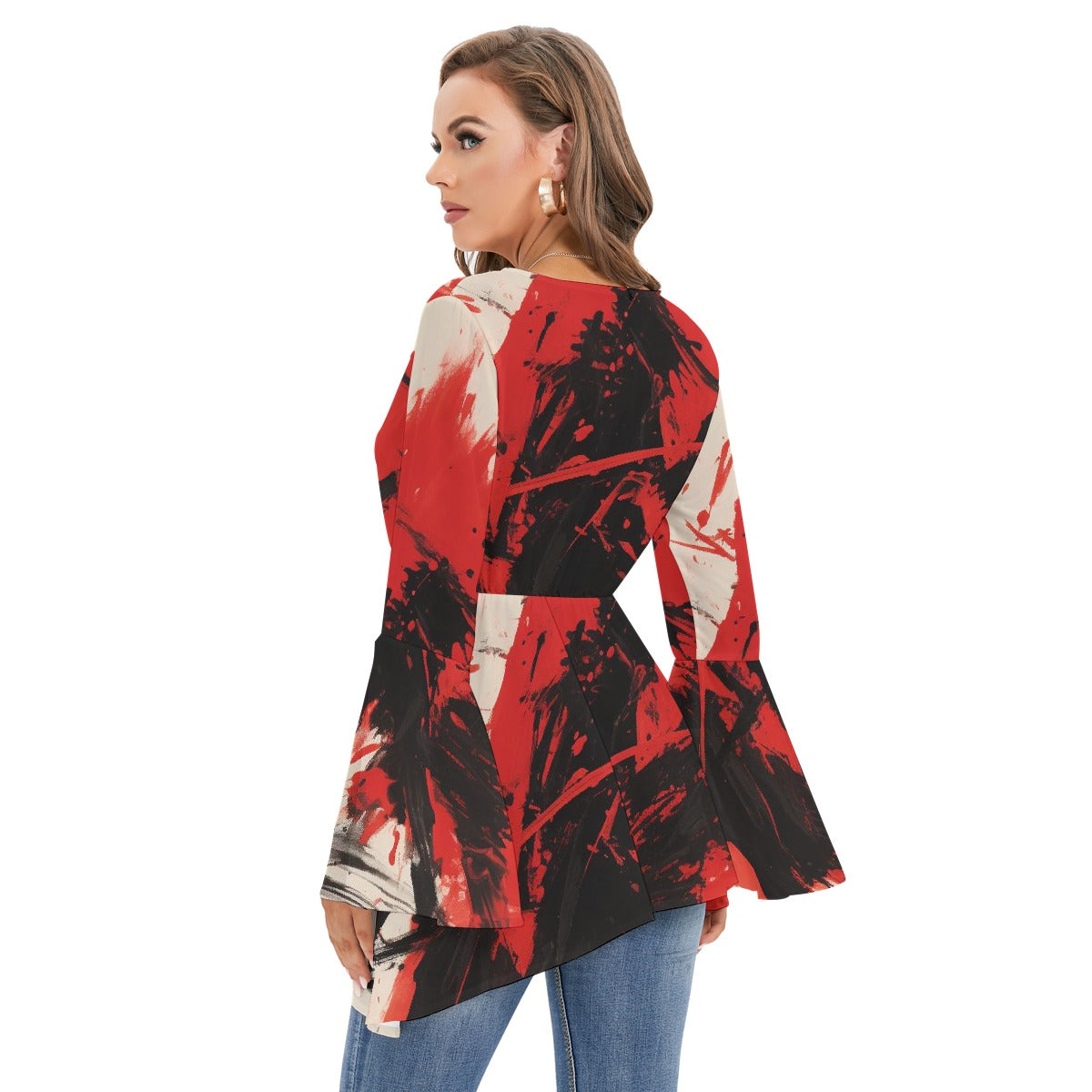 All-Over Print Women's V-neck Blouse With Flared Sleeves