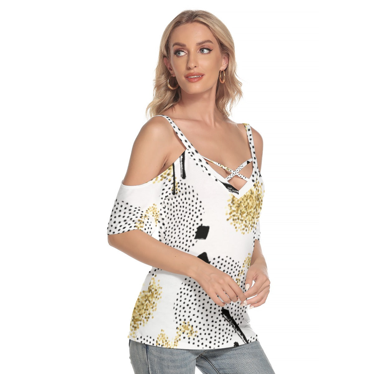 All-Over Print Women's Cold Shoulder T-shirt With Criss Cross Strips