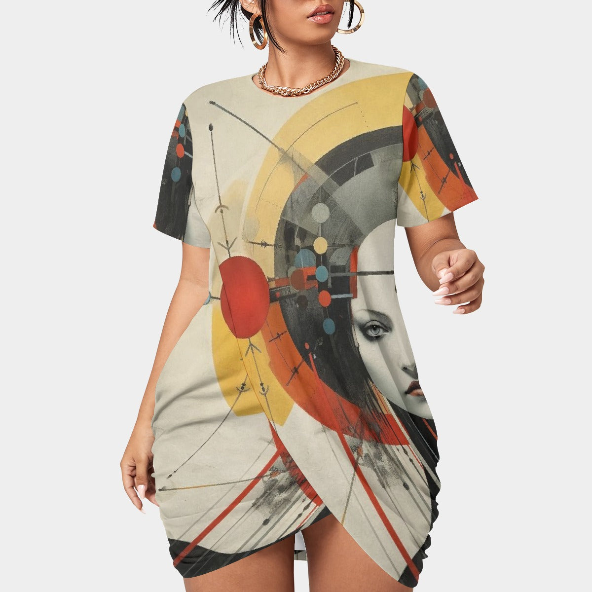 All-Over Print Women’s Stacked Hem Dress With Short Sleeve（Plus Size）