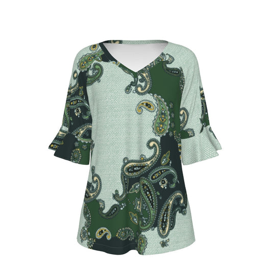 All-Over Print V-neck Women's T-shirt With Bell Sleeve