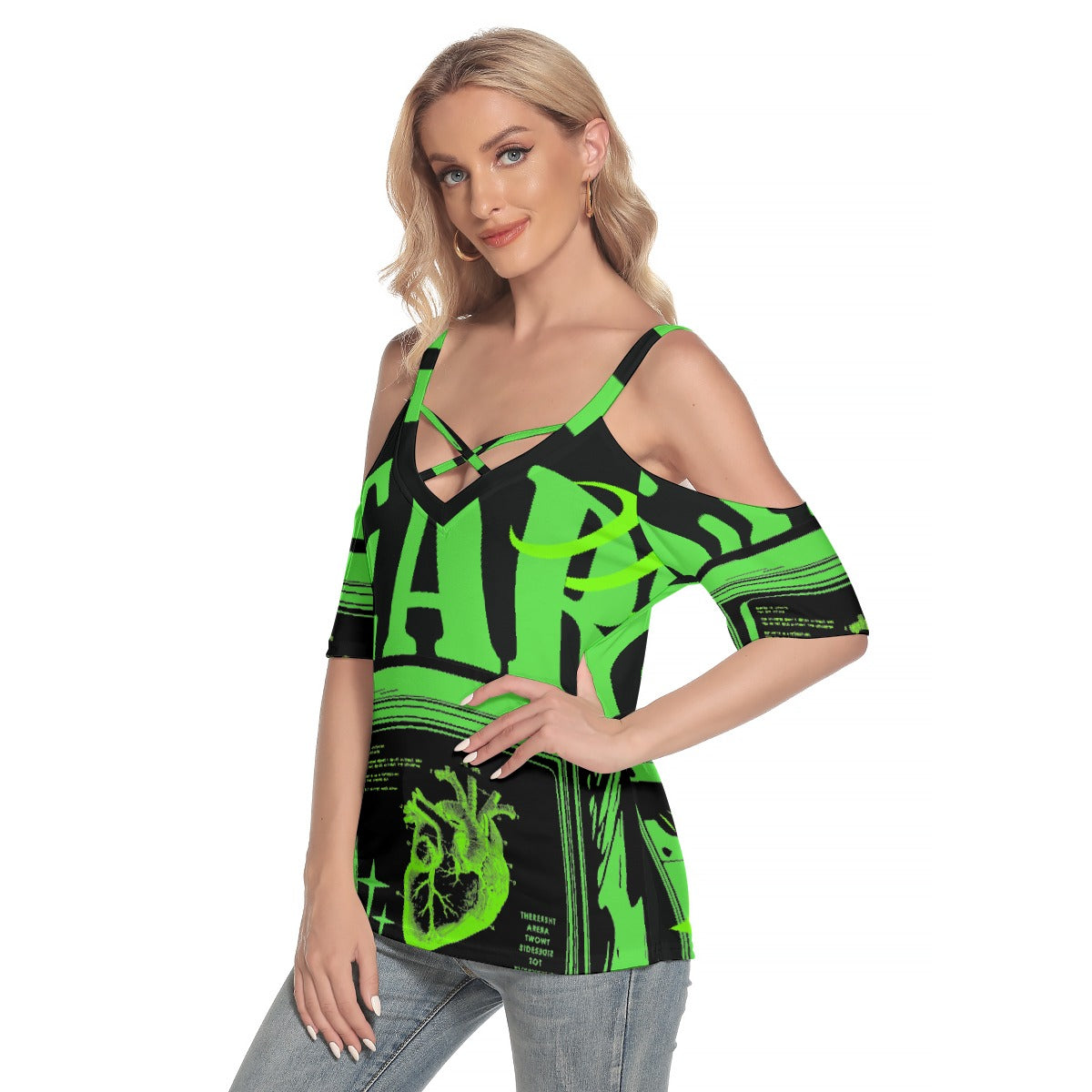 All-Over Print Women's Cold Shoulder T-shirt With Criss Cross Strips