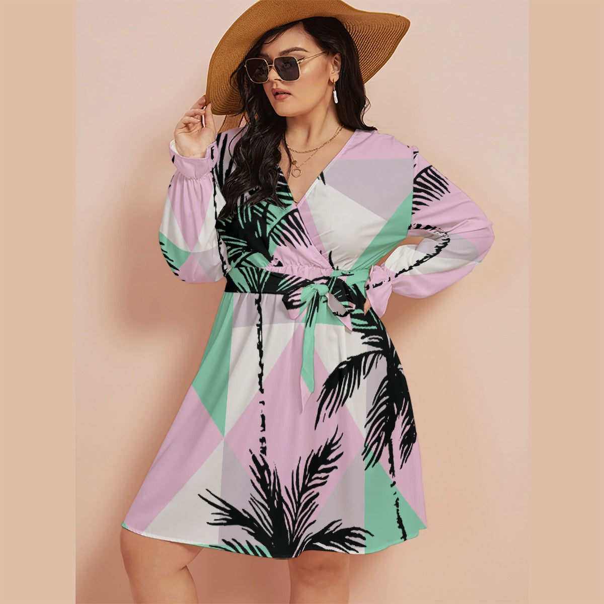 All-Over Print Women's V-neck Dress With Waistband(Plus Size)