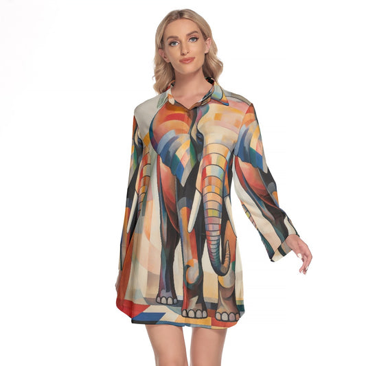 All-Over Print Women's Lapel Shirt Dress With Long Sleeve