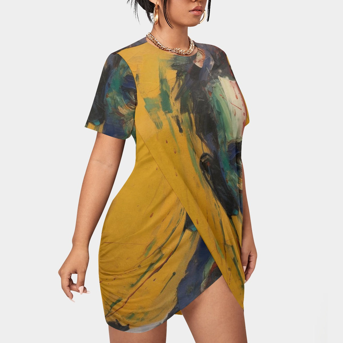 All-Over Print Women’s Stacked Hem Dress With Short Sleeve（Plus Size）