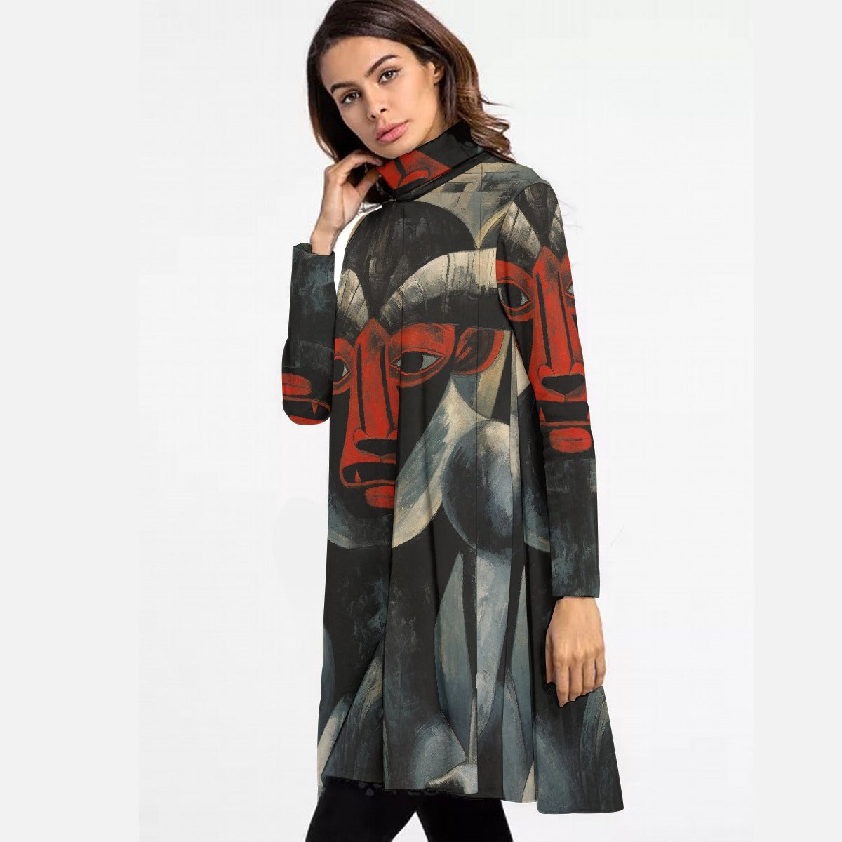 All-Over Print Women's High Neck Dress With Long Sleeve