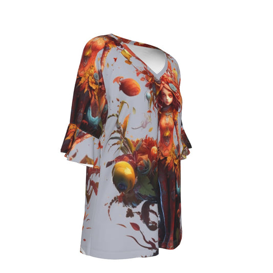 All-Over Print V-neck Women's T-shirt With Bell Sleeve