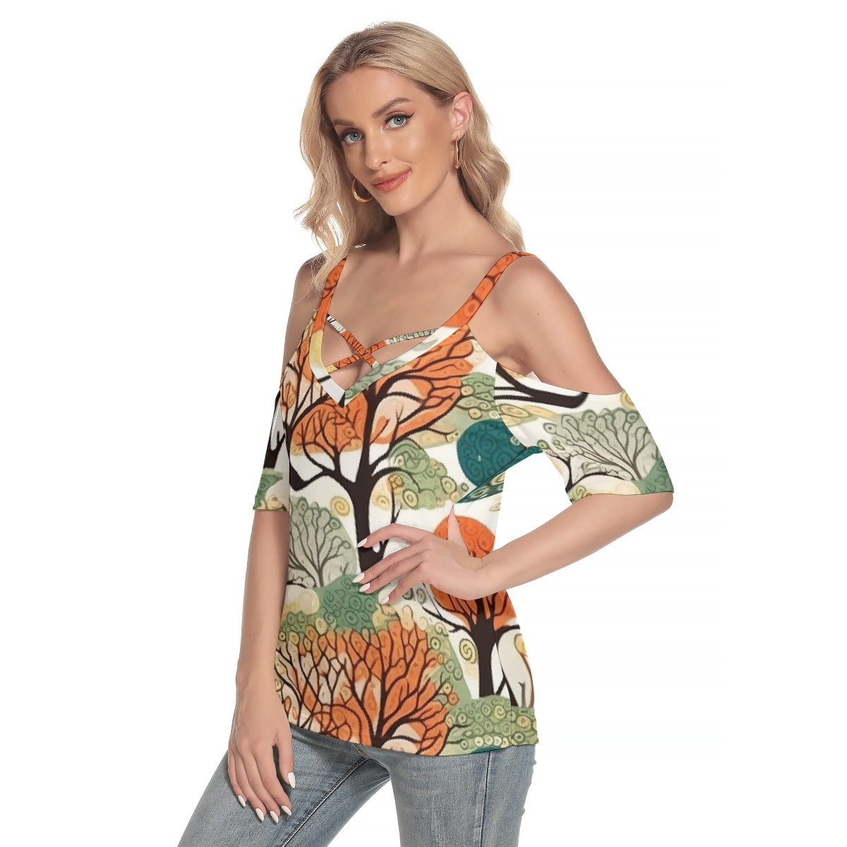 All-Over Print Women's Cold Shoulder T-shirt With Criss Cross Strips