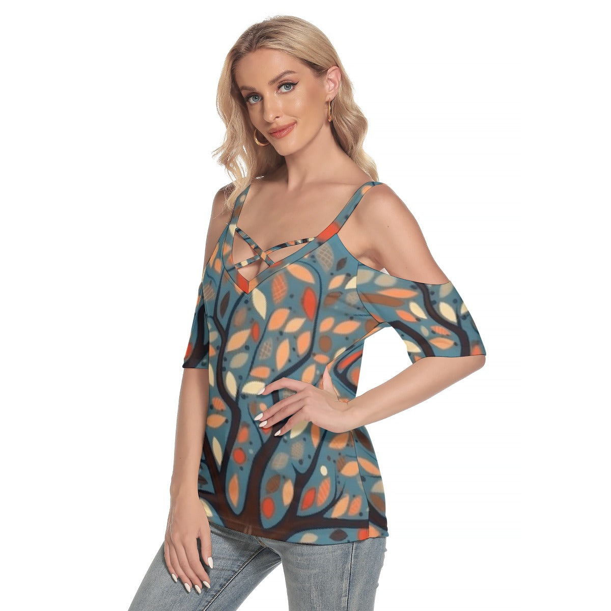 All-Over Print Women's Cold Shoulder T-shirt With Criss Cross Strips