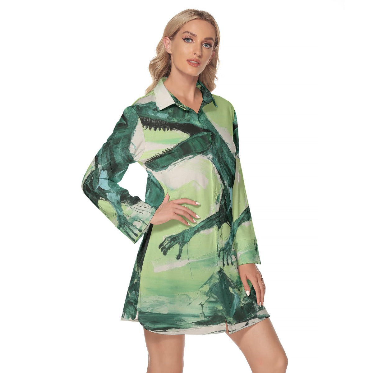 All-Over Print Women's Lapel Shirt Dress With Long Sleeve