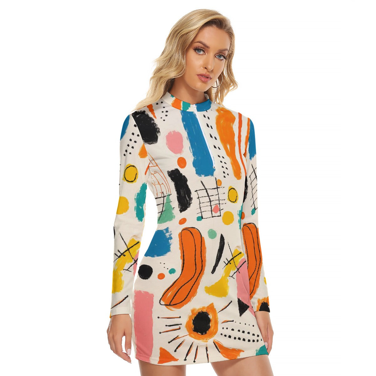 All-Over Print Women's Zip Front Tight Dress