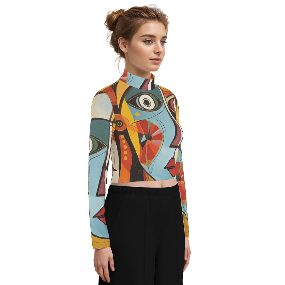 Eco-Friendly All-Over Print Women's Turtleneck T-shirt With Long Sleeve