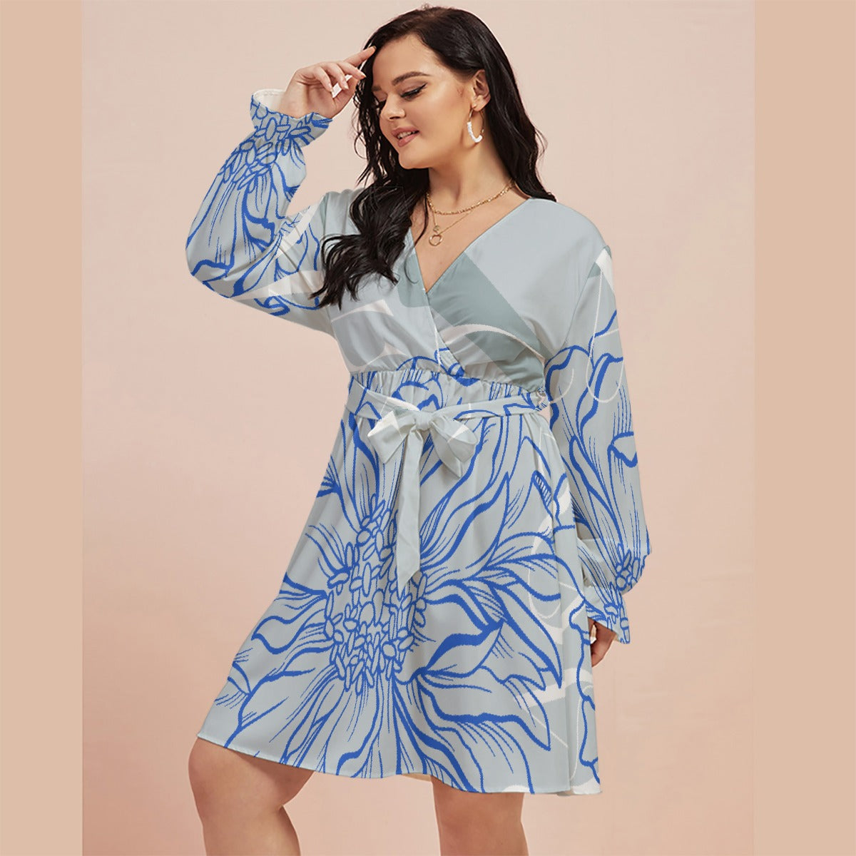 All-Over Print Women's V-neck Dress With Waistband(Plus Size)