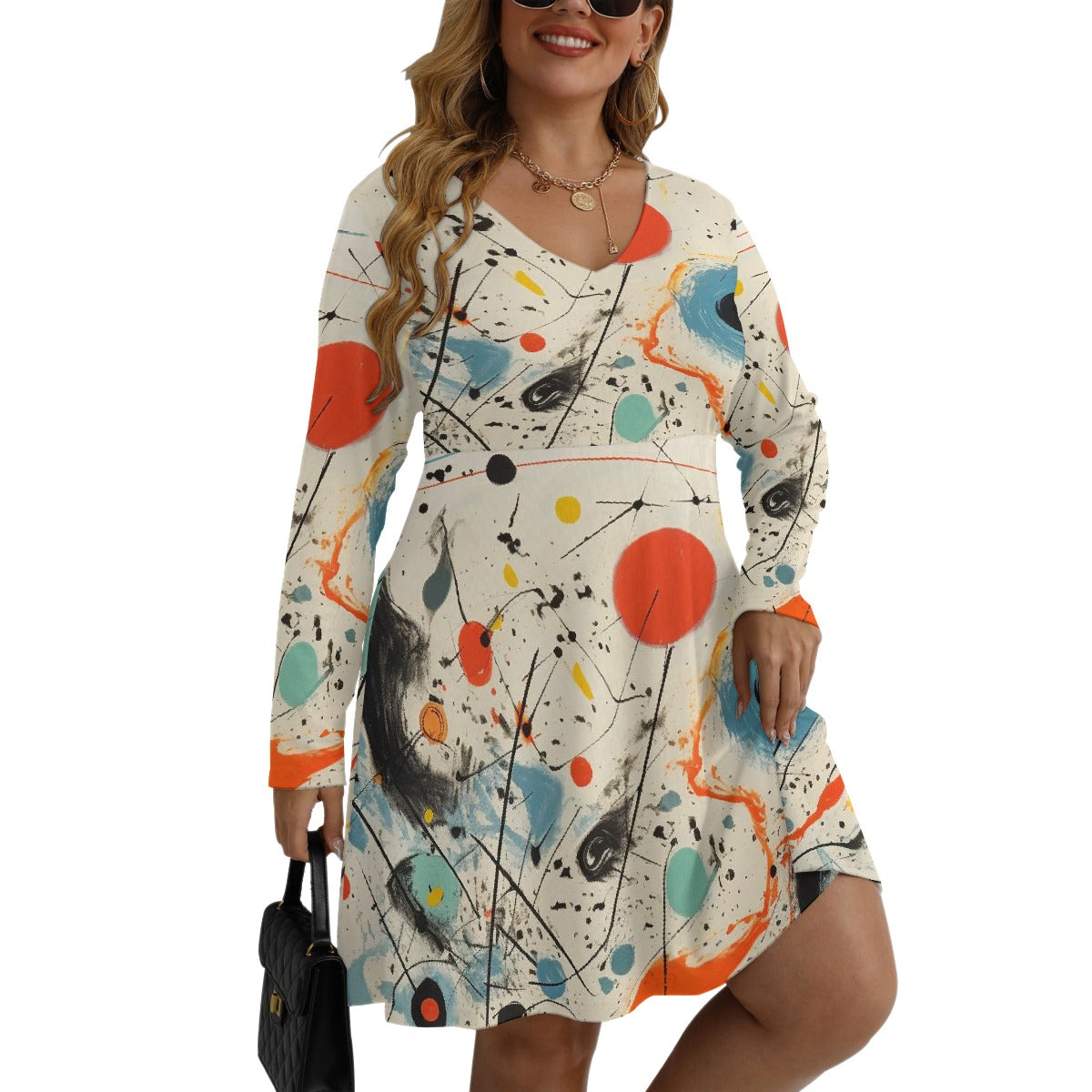 All-Over Print Women's V-neck Long Sleeve Dress(Plus Size)