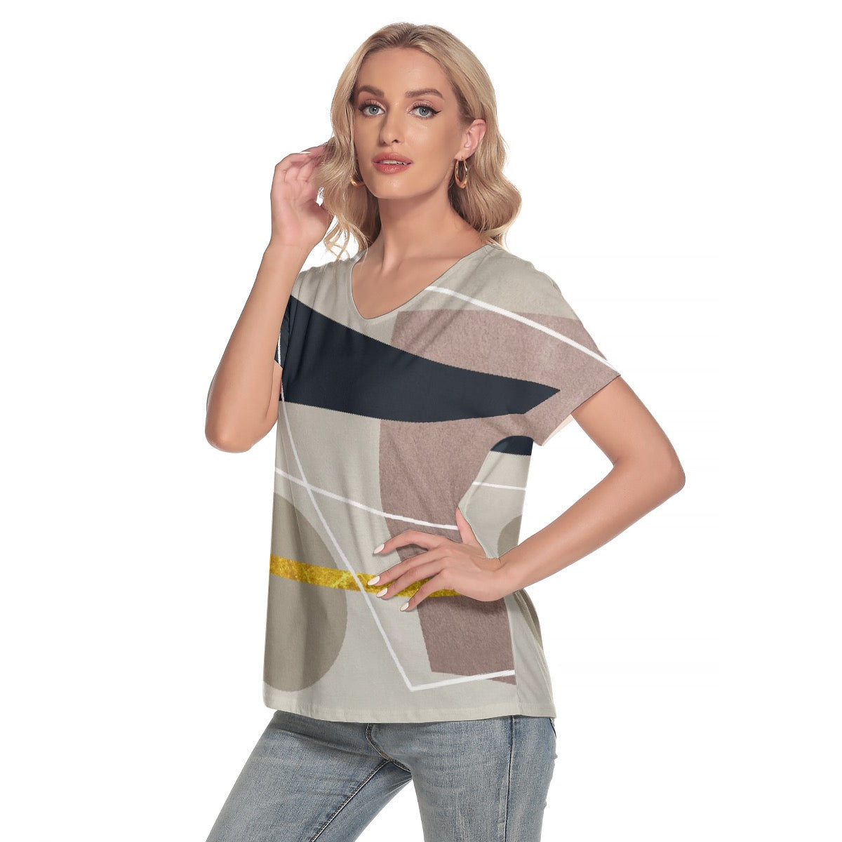 All-Over Print Women's Loose V-neck Short Sleeve T-shirt