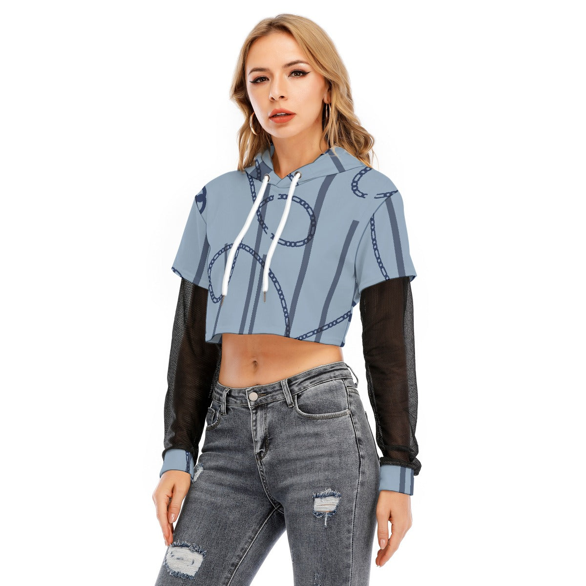 All-Over Print Women's Fake Two-piece Mesh Sleeve Cropped Hoodie