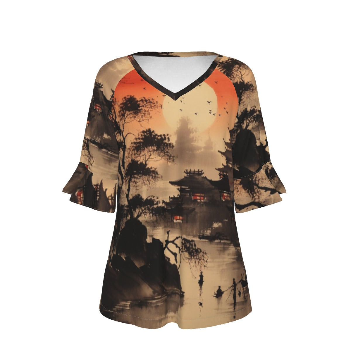 All-Over Print V-neck Women's T-shirt With Bell Sleeve